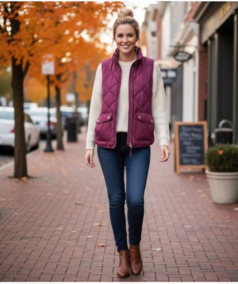 J.Crew Pink Magenta Full Zip Patch Pocket Puffer Vest Mock Neck Sz XL Ski Winter